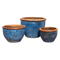 Rustic Embossed Blue Stoneware Pot