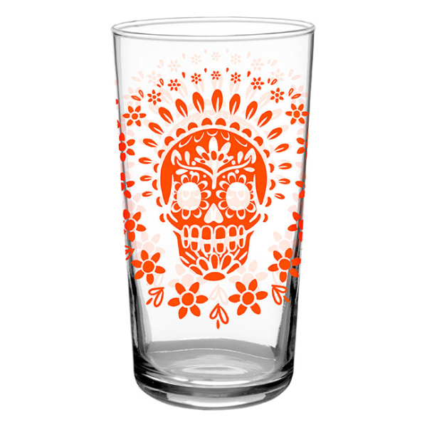 Beverage Glass Vintage Orange Sugar Skull 16oz