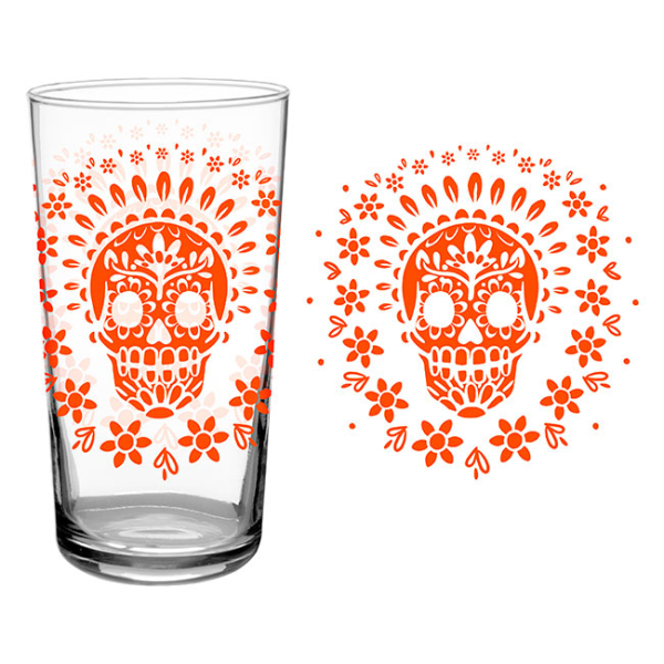 Beverage Glass Vintage Orange Sugar Skull 16oz - Image 3